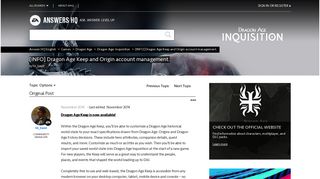 [INFO] Dragon Age Keep and Origin account management. - Answer HQ