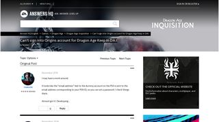 Solved: Can't sign into Origins account for Dragon Age Keep in DA:I ...