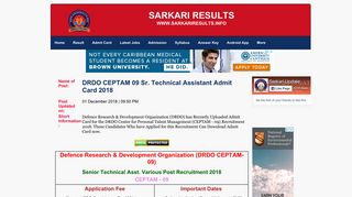 DRDO Sr. Technical Asst, CEPTAM 09 Admit Card 2018 - Sarkari Result