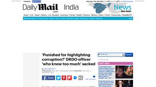 'Punished for highlighting corruption?' DRDO officer 'who ... - Daily Mail