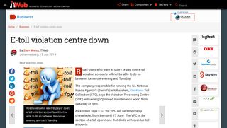 E-toll violation centre down | ITWeb