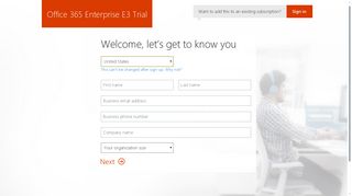 Office 365 Enterprise E3 Trial subscription - Microsoft sign up page