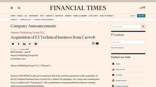Acquisition of E3 Technical business from Carweb - Markets data