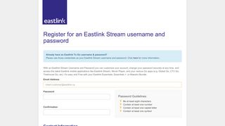 Register for an Eastlink Stream username and password