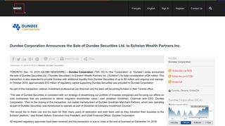 Dundee Corporation Announces the Sale of Dundee Securities Ltd. to ...
