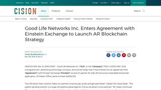 Good Life Networks Inc. Enters Agreement with Einstein Exchange