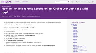 How do I enable remote access on my Orbi router using the Orbi app ...