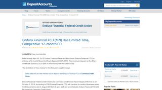 Endura Financial FCU (MN) Has Limited Time, Competitive 12-month ...