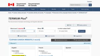 EPASS CANADA WEBSITE [1 record] - TERMIUM Plus® — Search ...