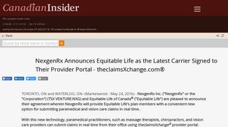 NexgenRx Announces Equitable Life as the Latest ... - Canadian Insider