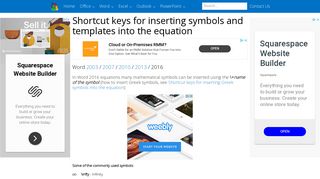 Shortcut keys for inserting symbols and templates into the equation