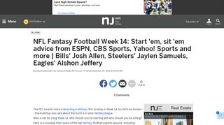 NFL Fantasy Football Week 14: Start 'em, sit 'em advice from ESPN ...