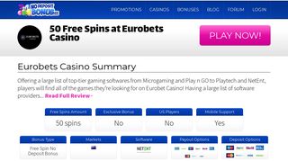 50 Free Spins at Eurobets Casino - No Deposit Bonus
