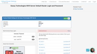 Exacq Technologies NVR Server Default Router Login and Password