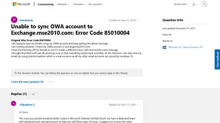 Unable to sync OWA account to Exchange.mse2010.com: Error Code ...