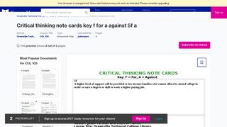 CRITICAL THINKING NOTE CARDS Key F For A Against 5F A higher ...