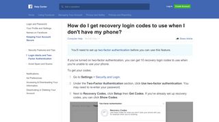 How do I get recovery login codes to use when I don't have ... - Facebook