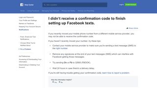 I didn't receive a confirmation code to finish setting up Facebook texts ...
