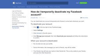 How do I temporarily deactivate my Facebook account? | Facebook ...