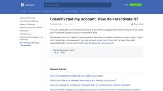I deactivated my account. How do I reactivate it? | Facebook Help ...