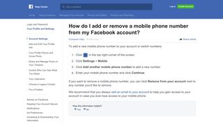 How do I add or remove a mobile phone number from my Facebook ...