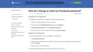 How do I change or reset my Facebook password? | Facebook Help ...