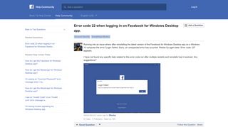Error code 22 when logging in on Facebook for Windows Desktop app ...