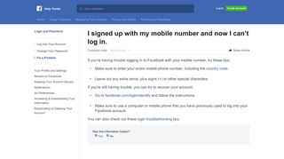 I signed up with my mobile number and now I can't log in. | Facebook ...