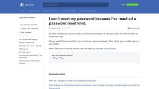 I can't reset my password because I've reached a ... - Facebook