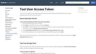 Test User Access Token - Facebook Login - Facebook for Developers