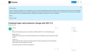 Facebook login native behavior change with iOS 11.0 - Help with ...