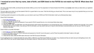 I received an error that my name, date of birth, and SSN listed - FAFSA