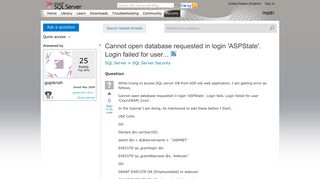 Cannot open database requested in login 'ASPState'. Login failed ...