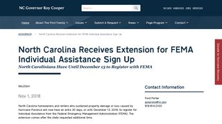 NC Gov. Cooper: North Carolina Receives Extension for FEMA ...