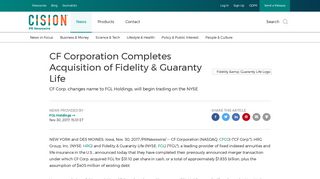 CF Corporation Completes Acquisition of Fidelity & Guaranty Life