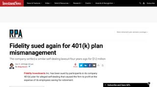 Fidelity sued again for 401(k) plan mismanagement - InvestmentNews