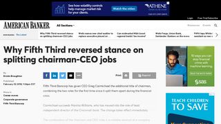 Why Fifth Third reversed stance on splitting chairman-CEO jobs ...