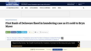 First Bank of Delaware fined in laundering case as it's sold to Bryn Mawr