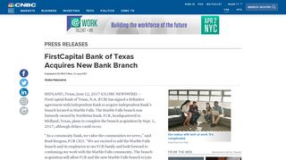 FirstCapital Bank of Texas Acquires New Bank Branch - CNBC.com