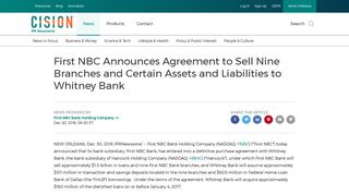 First NBC Announces Agreement to Sell Nine Branches and Certain ...