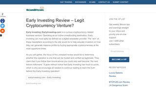 Early Investing Review - Legit Cryptocurrency Venture? - Scam Bitcoin