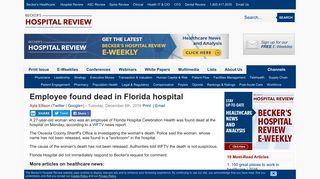 Employee found dead in Florida hospital - Becker's Hospital Review
