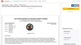 FOCUS Parent Portal Letter - School District of Osceola County