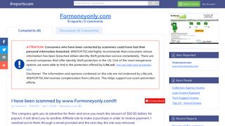 #REPORTSCAM - Formoneyonly.com has 8 complaint(s)