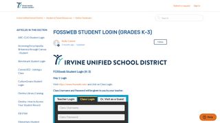 FOSSweb Student Login (Grades K-3) – Irvine Unified School District