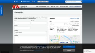 Contact us / Opening times - Fowlers Parts