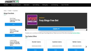 Claim a £5 No Deposit Foxy Bingo Free Bet Bonus - Free Bets