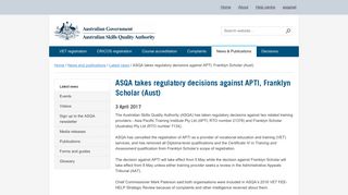 ASQA takes regulatory decisions against APTI, Franklyn Scholar (Aust ...