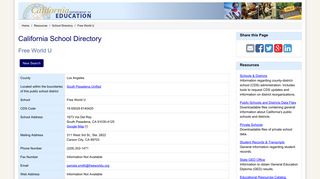 Free World U - School Directory Details (CA Dept of Education)