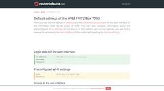 Default settings of the AVM FRITZ!Box 7390 - routerdefaults.org